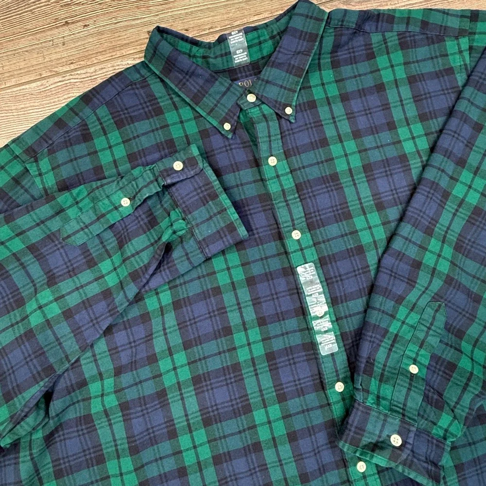 Polo Ralph Lauren Mens Size 4XB Oxford Shirt Green Navy Blue Plaid Brushed